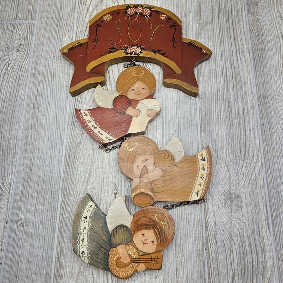 Angel Wood Wall Hanging Hand Painted Tole Vtg Christmas JOY Angels Handmade - Picture 7 of 14